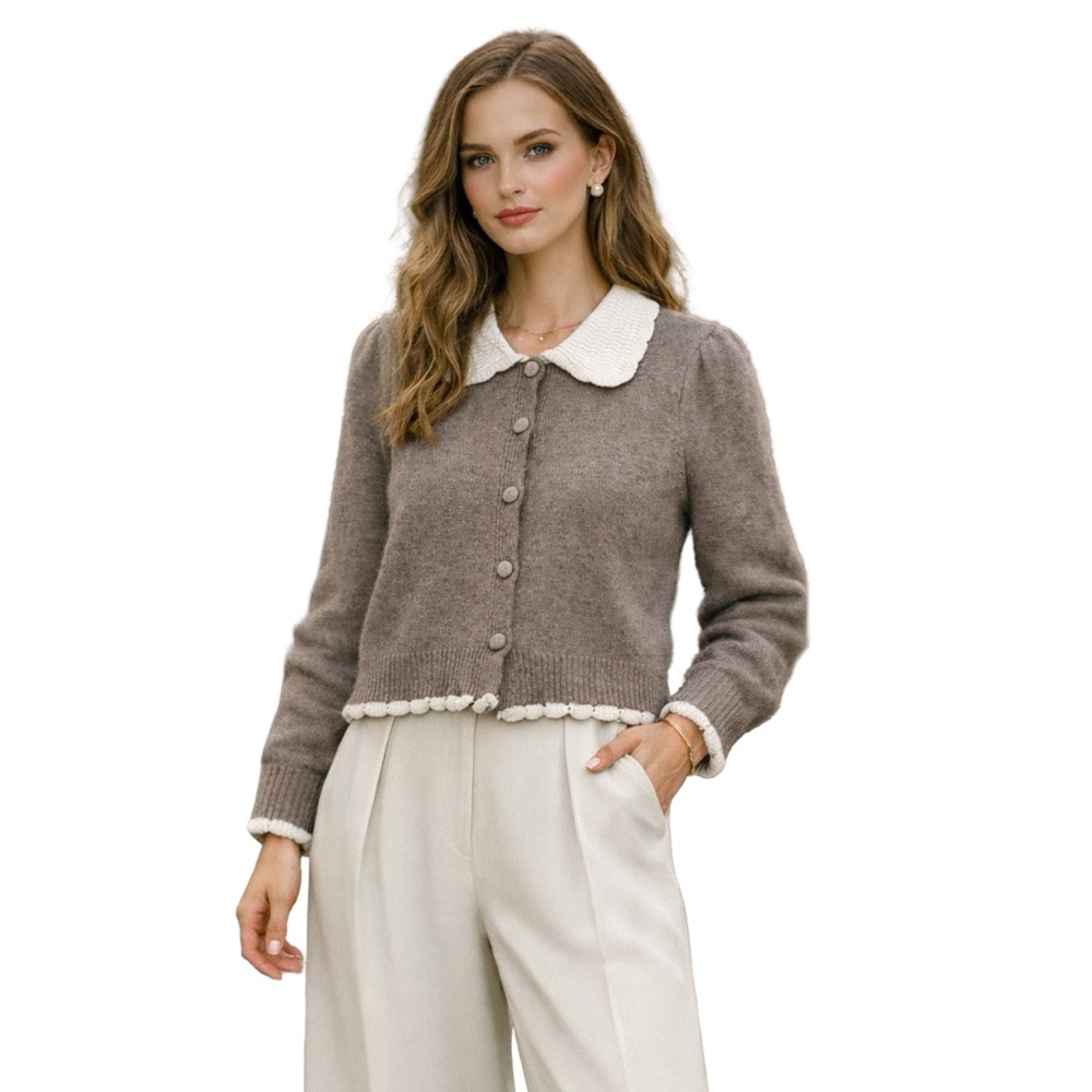 Sincerely Jules Light Brown Cardigan Cream Bib Collar & Scalloped Hem Preppy